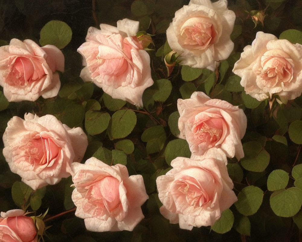 Delicate pink roses with soft petals on dark background