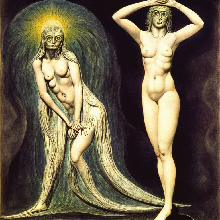 Surreal nude female figures with halos and masks, one seated with creature, one standing with