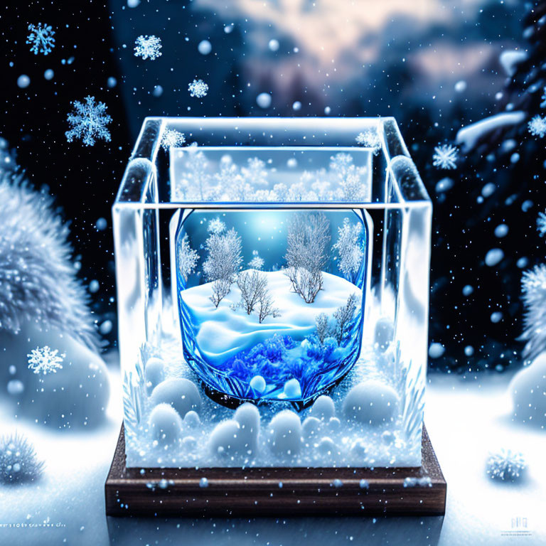 Transparent cube with snowy landscape and falling snowflakes