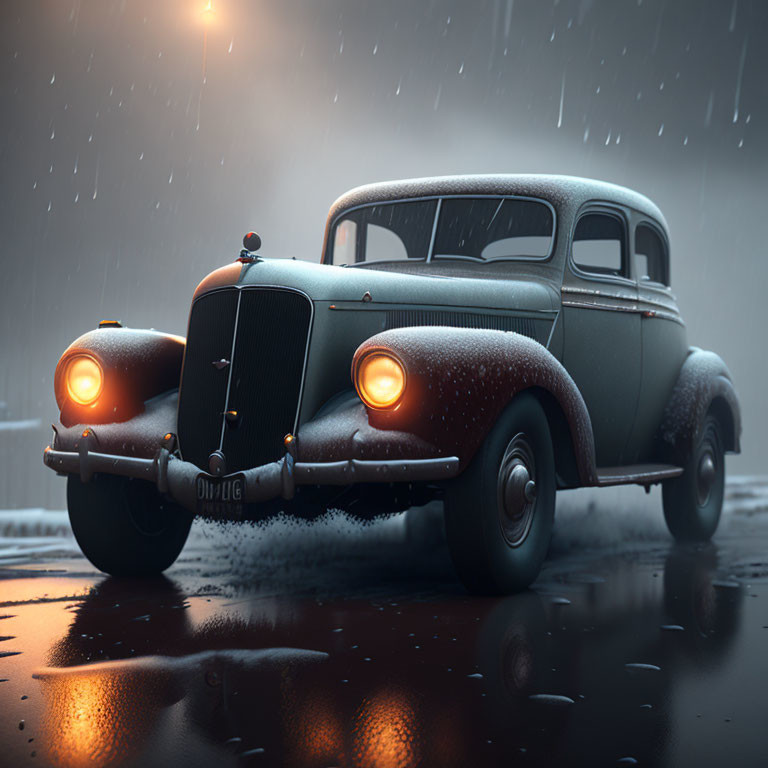 Classic Car Parked on Wet Night Road with Headlights and Raindrops