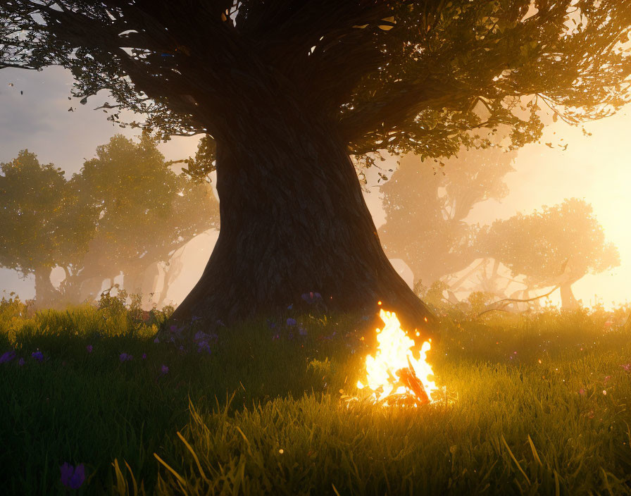 Sunrise campfire under large tree with purple flowers in grassy field