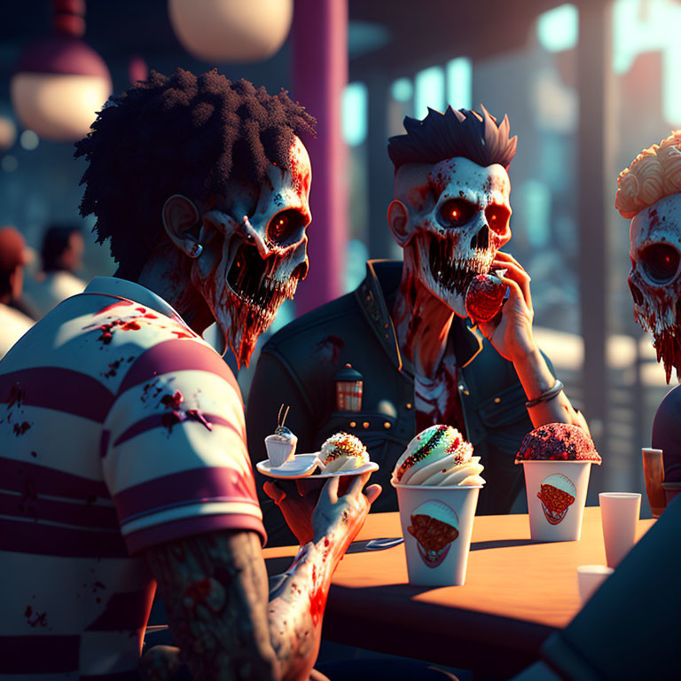 Zombie-like characters eating burgers in neon-lit fast-food scene