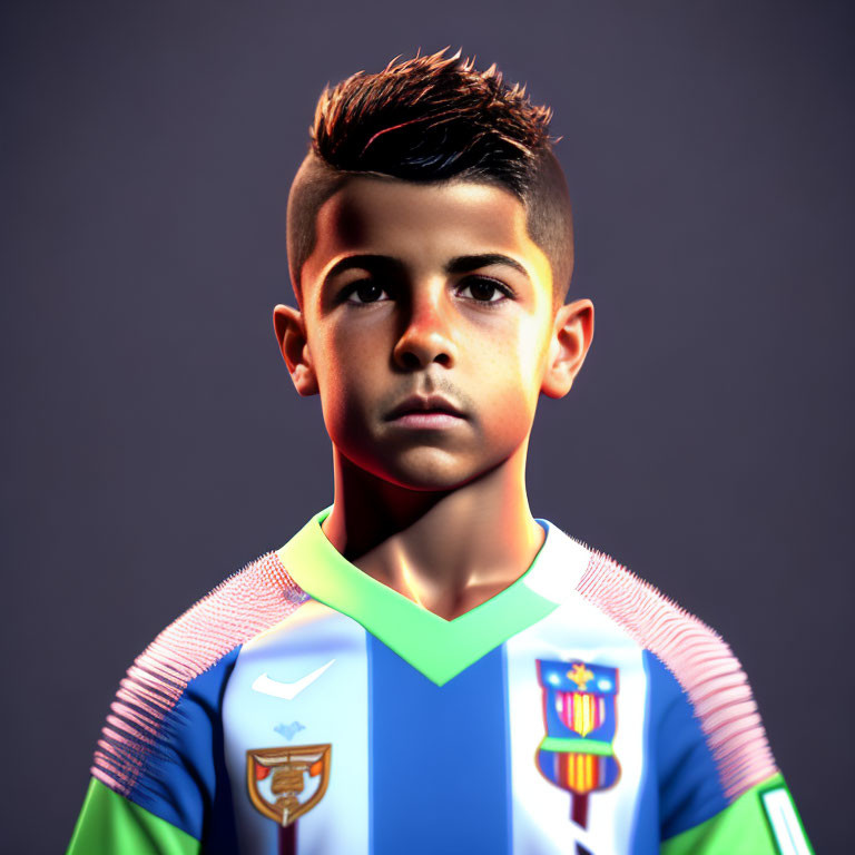 Colorful Soccer Jersey Boy with Styled Hair in Digital Rendering