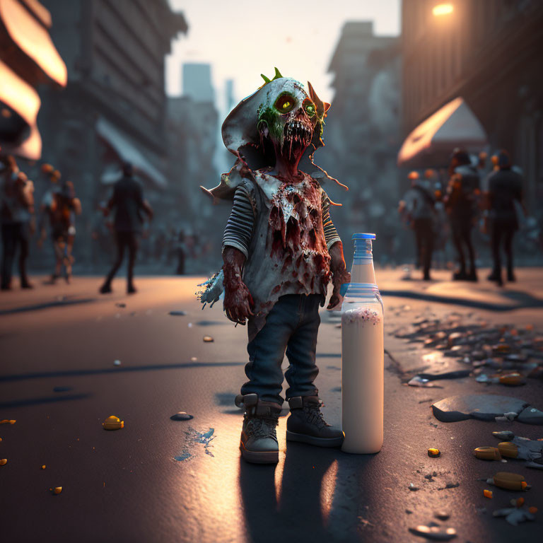 CGI-rendered zombie child with milk bottle in desolate urban street