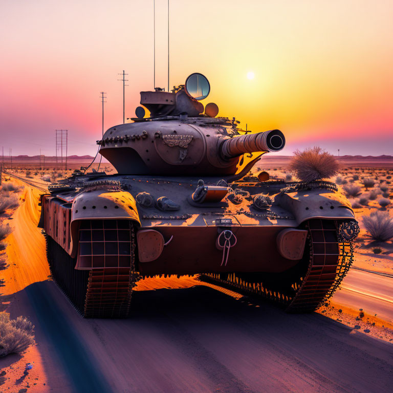 Tank silhouette on desert road at sunset with warm glow