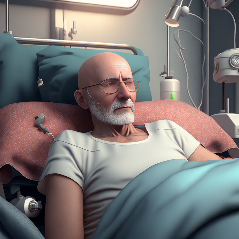 Elderly patient with beard in hospital bed with medical equipment