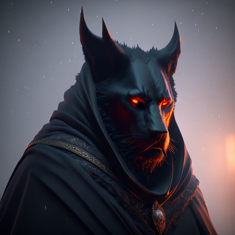 Digital art portrait of humanoid figure with wolf-like head, red eyes, dark cloak, under dusky