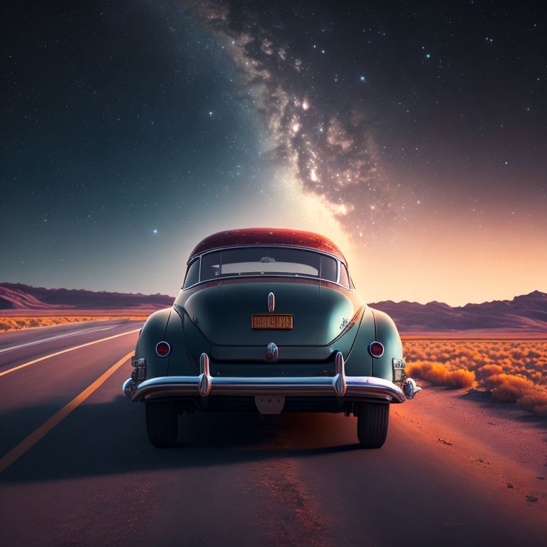 Classic Car on Desert Road at Twilight with Starry Sky