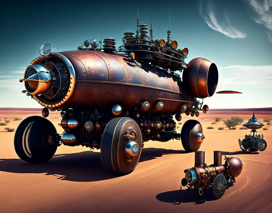 Steampunk-style vehicle with large wheels in desert landscape