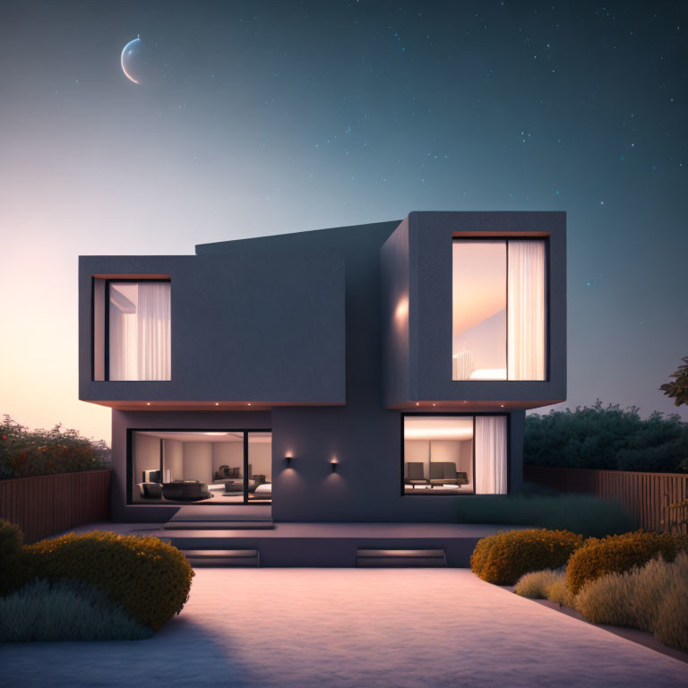 Two-story modern house with glowing interior lights, night sky, stars, crescent moon, garden,