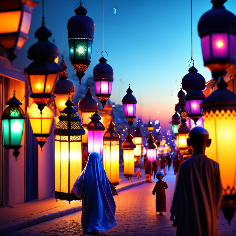 Colorful Hanging Lanterns Illuminate Twilight Street Scene with Crescent Moon