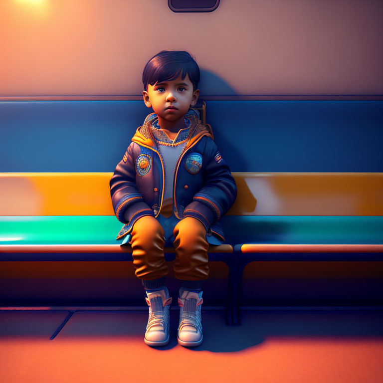 Young child in space-themed attire sits on orange bench