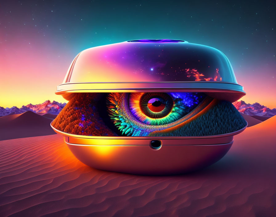 Colorful surreal image: Large eye in UFO structure, desert backdrop, cosmic sky