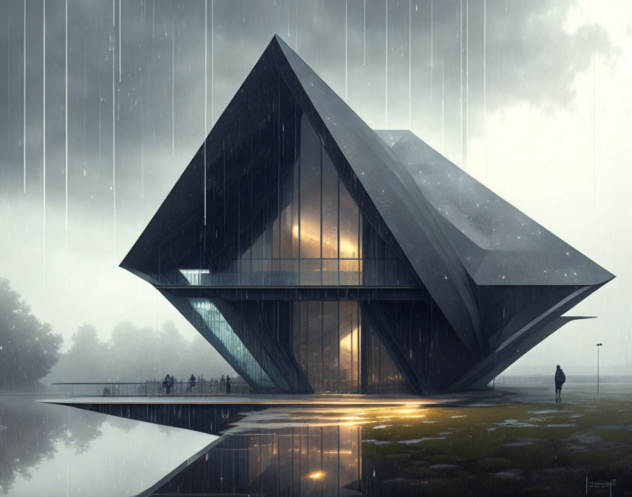 Futuristic angular building in heavy rain with illuminated interiors