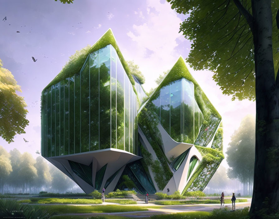 Futuristic building with green facade in serene park