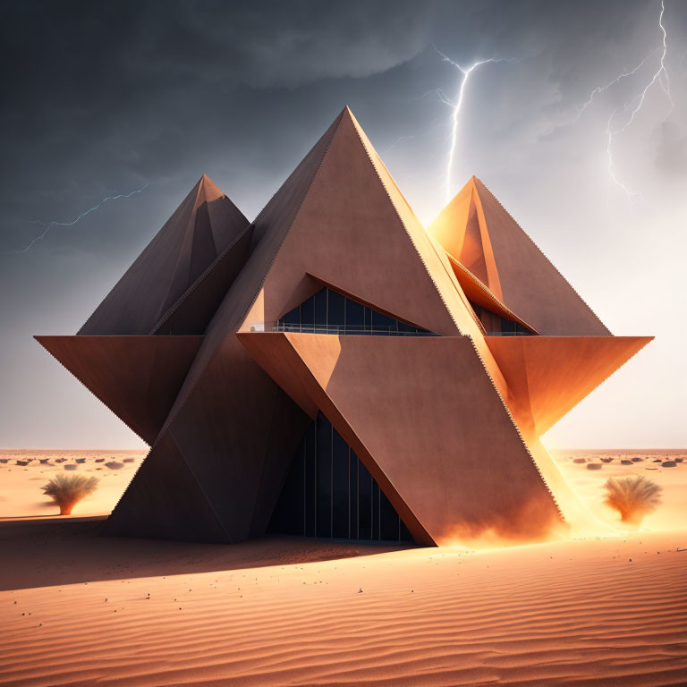 Futuristic pyramid-shaped building in desert stormy sky.