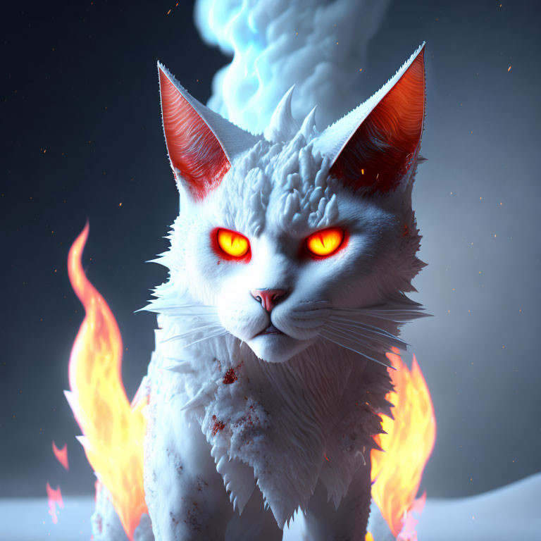 White Cat with Glowing Red Eyes and Fire Backdrop