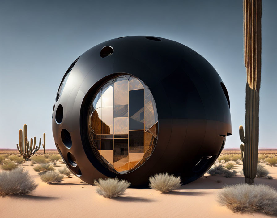 Spherical black structure with large windows in desert landscape