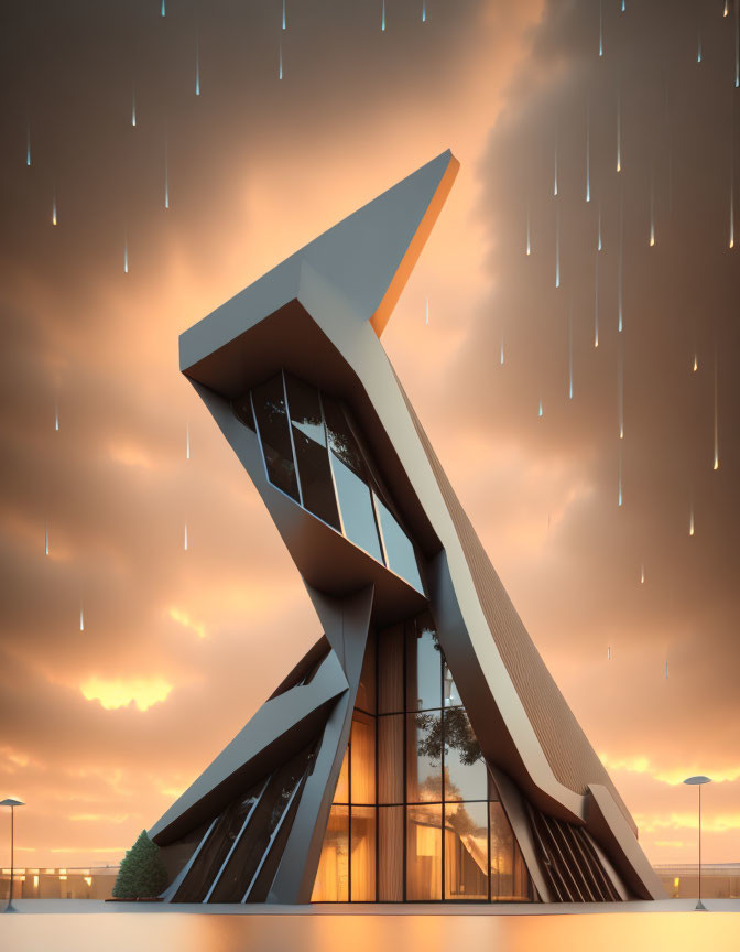 Angular modern building with large glass windows in rain under sunset sky