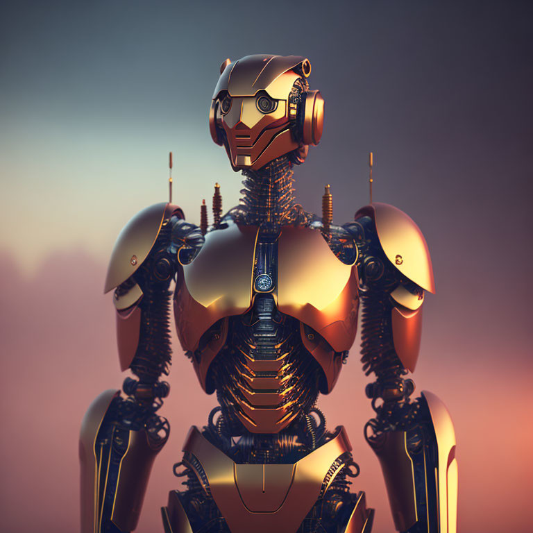 Futuristic humanoid robot with gold and silver body and visor-like eyes