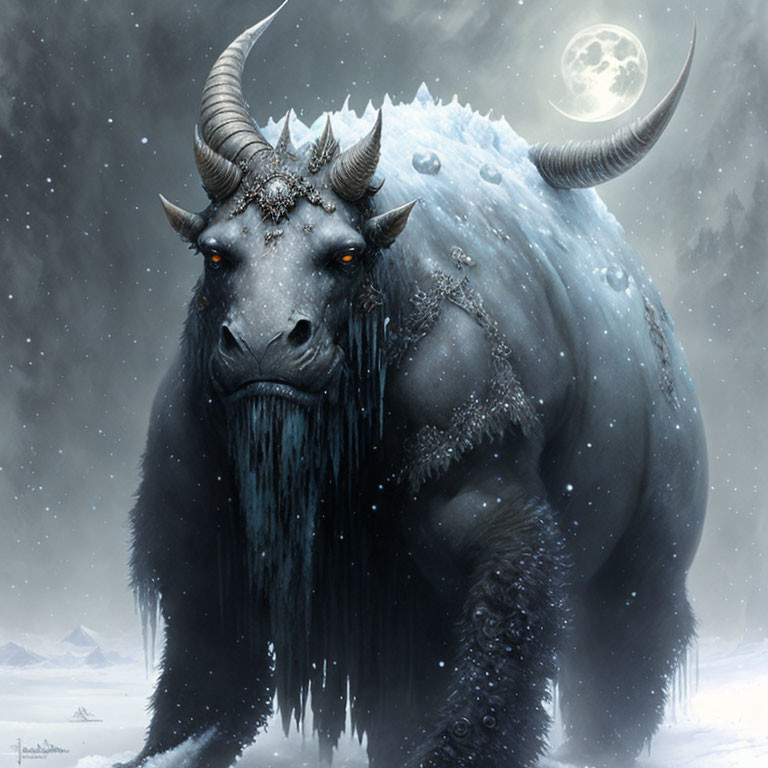 Majestic mythical bull with curled horns in snowy night landscape