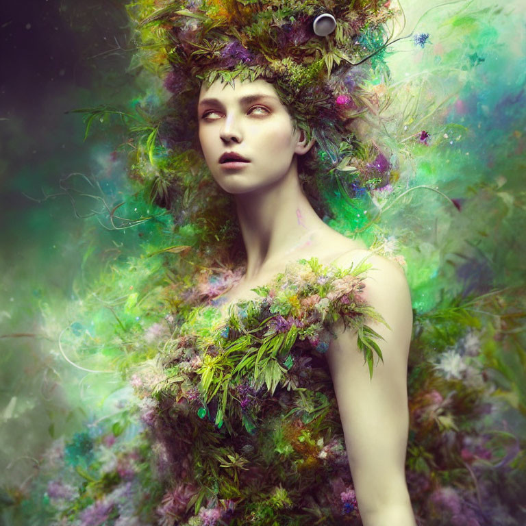 Vibrant surreal portrait with vegetation enveloping body and hair