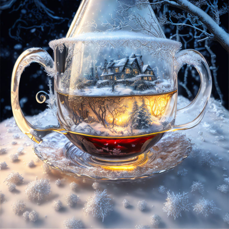 Transparent Teacup with Snowy Scene and Cozy House in Tea