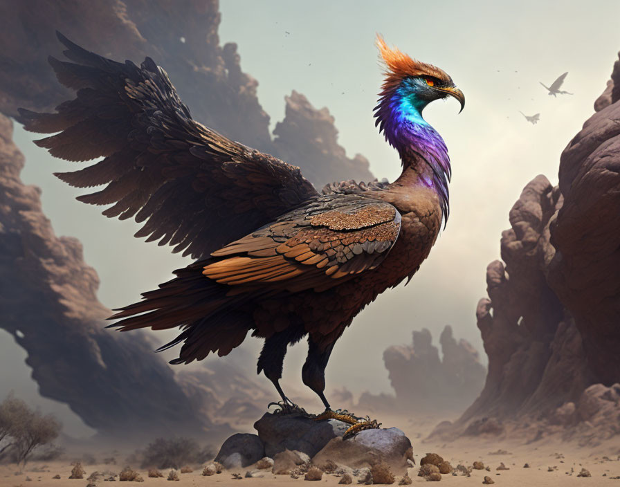 Colorful mythical bird perched in desert landscape with rock formations.