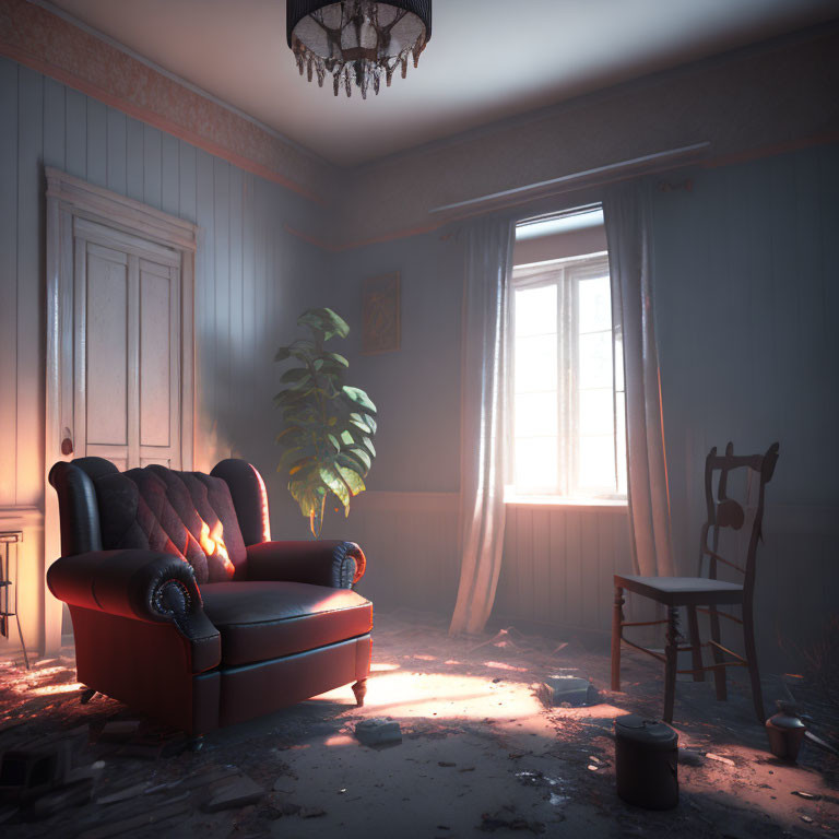 Deserted room with red armchair and scattered debris