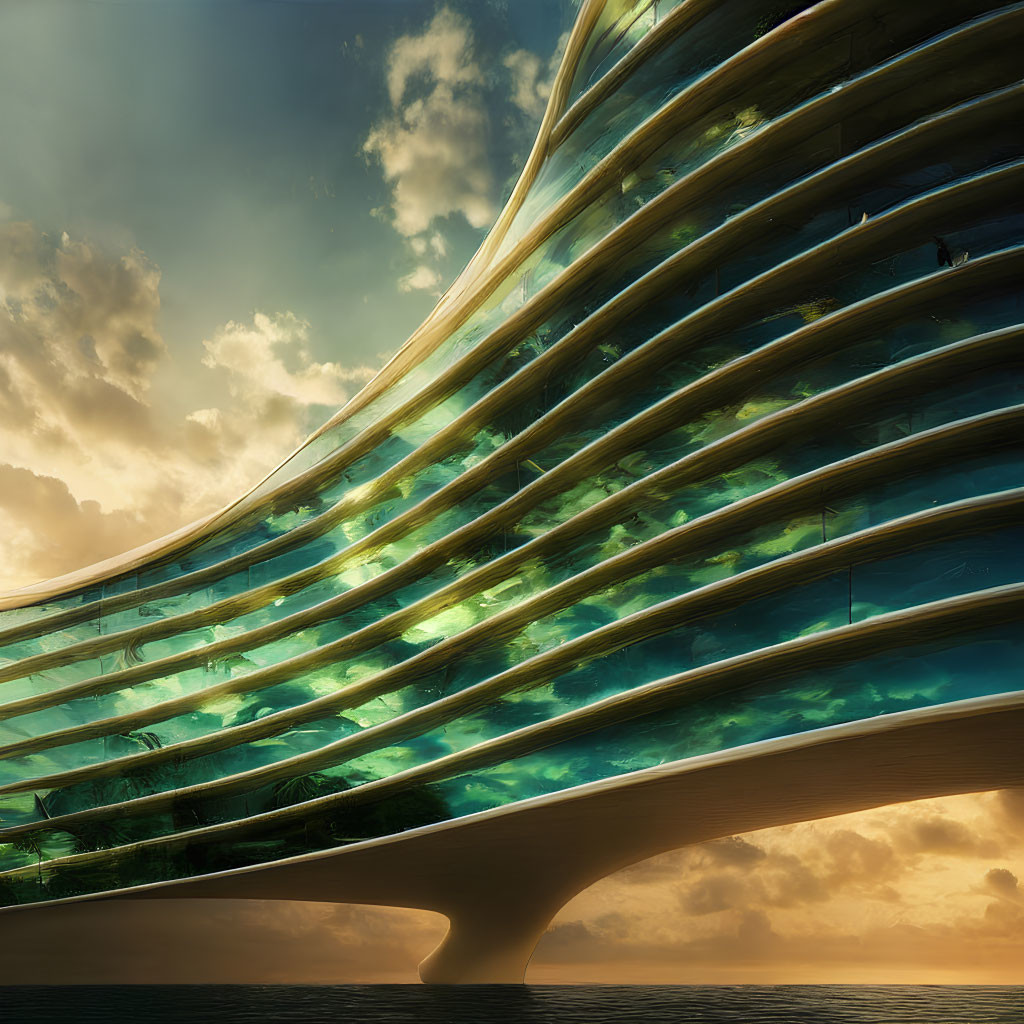 Wave-shaped glass building under golden sunlight