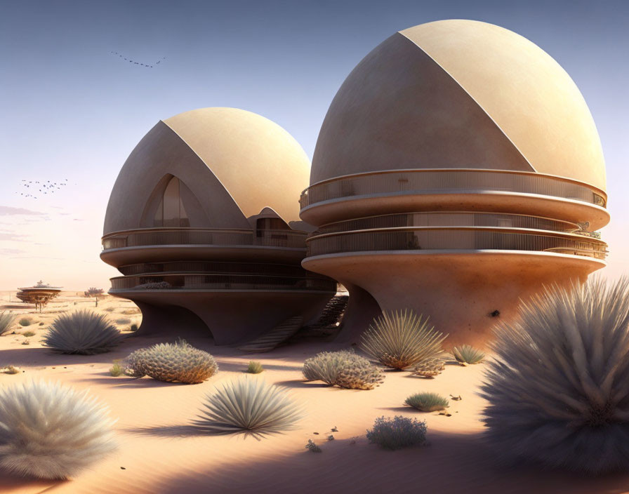 Futuristic domed structures in desert landscape with sparse vegetation