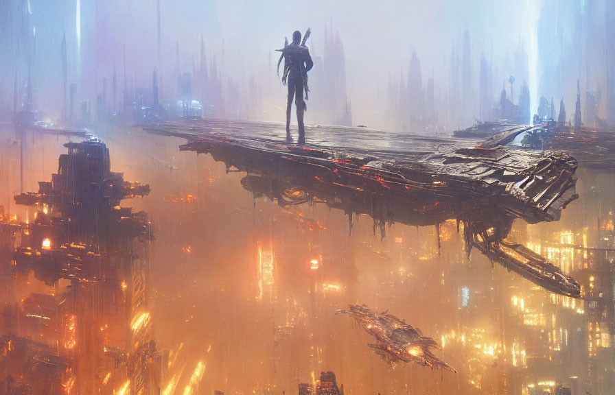 Futuristic platform with solitary figure overlooking neon-lit cityscape