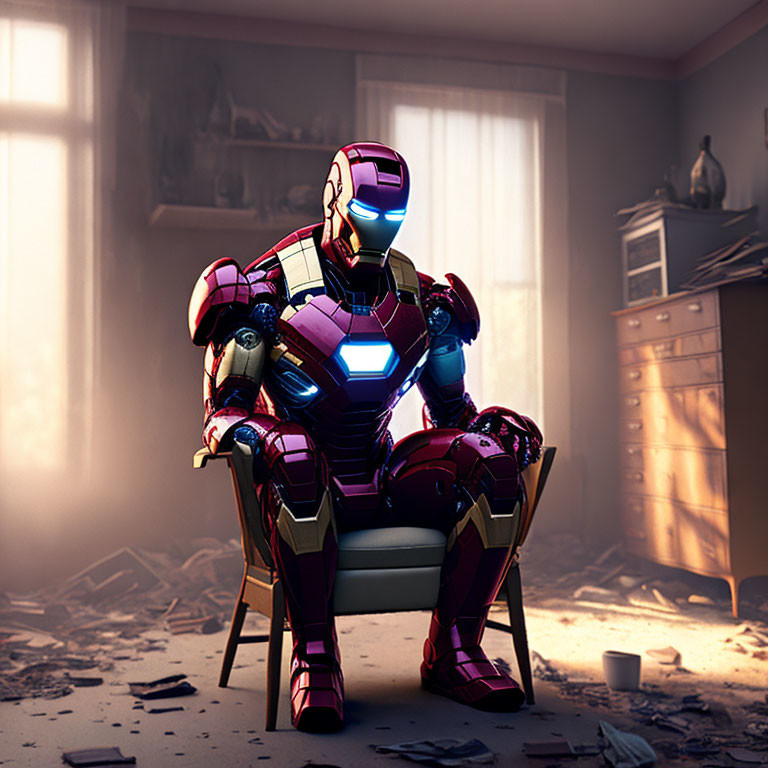 Iron Man armor suit in dilapidated room with sunlight filtering through dust