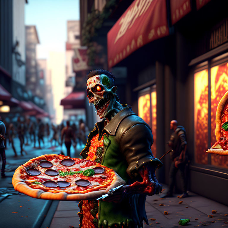 Undead zombie in leather jacket holding pizza on urban street.