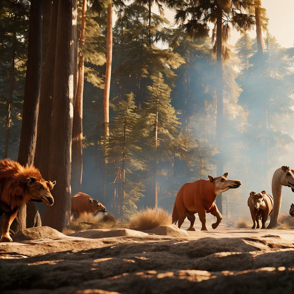 Various animated animals in sunlit forest clearing.