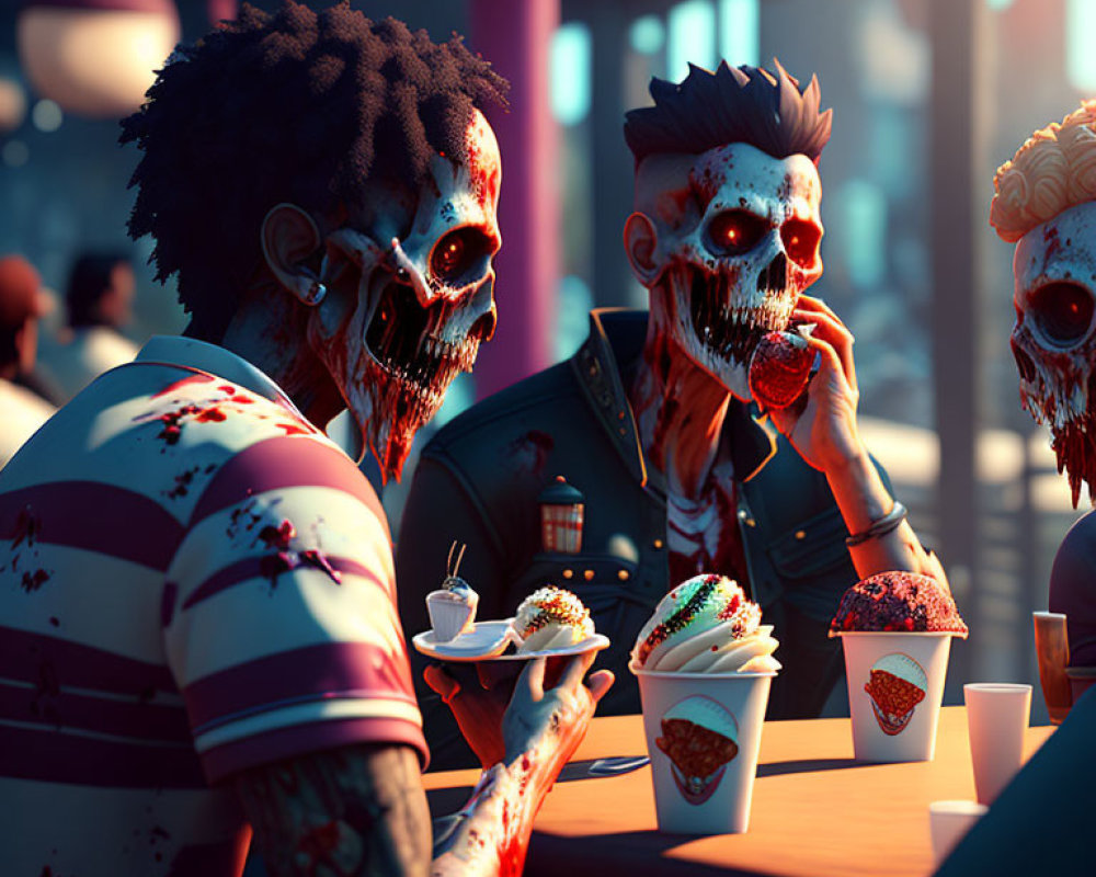 Zombie-like characters eating burgers in neon-lit fast-food scene