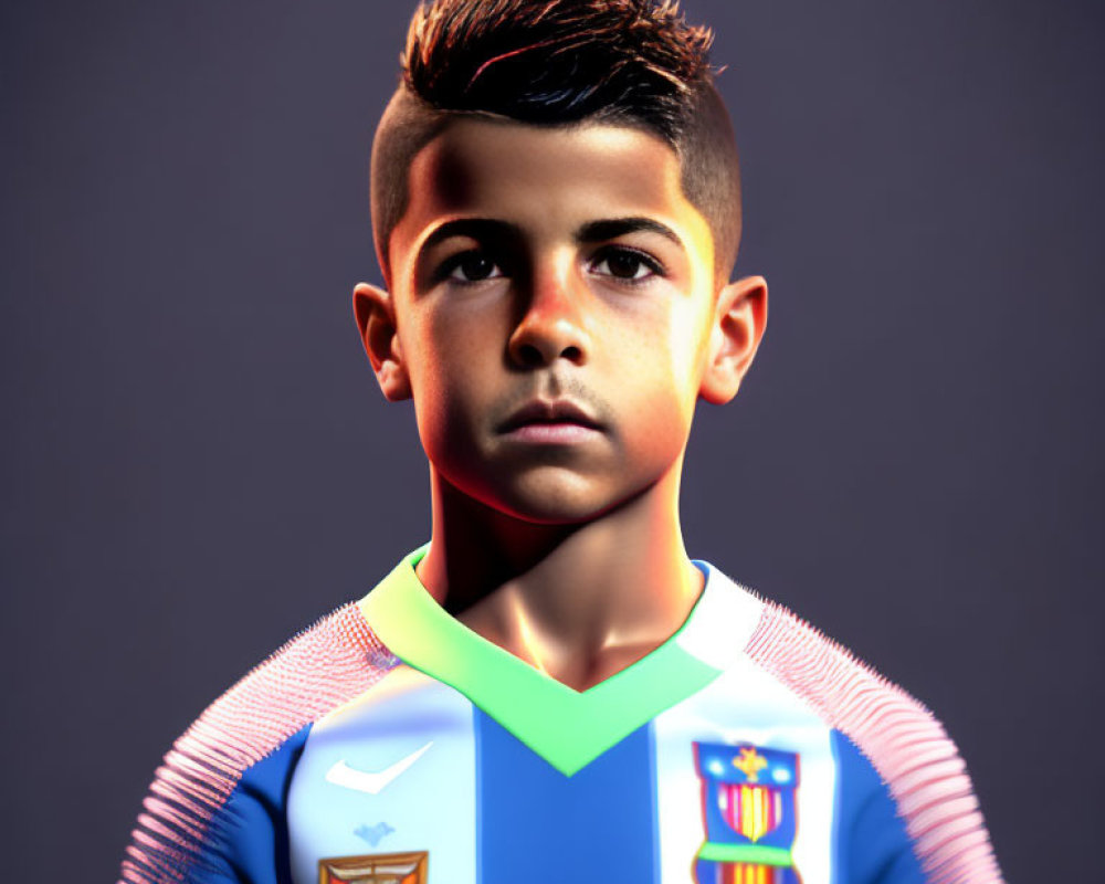 Colorful Soccer Jersey Boy with Styled Hair in Digital Rendering