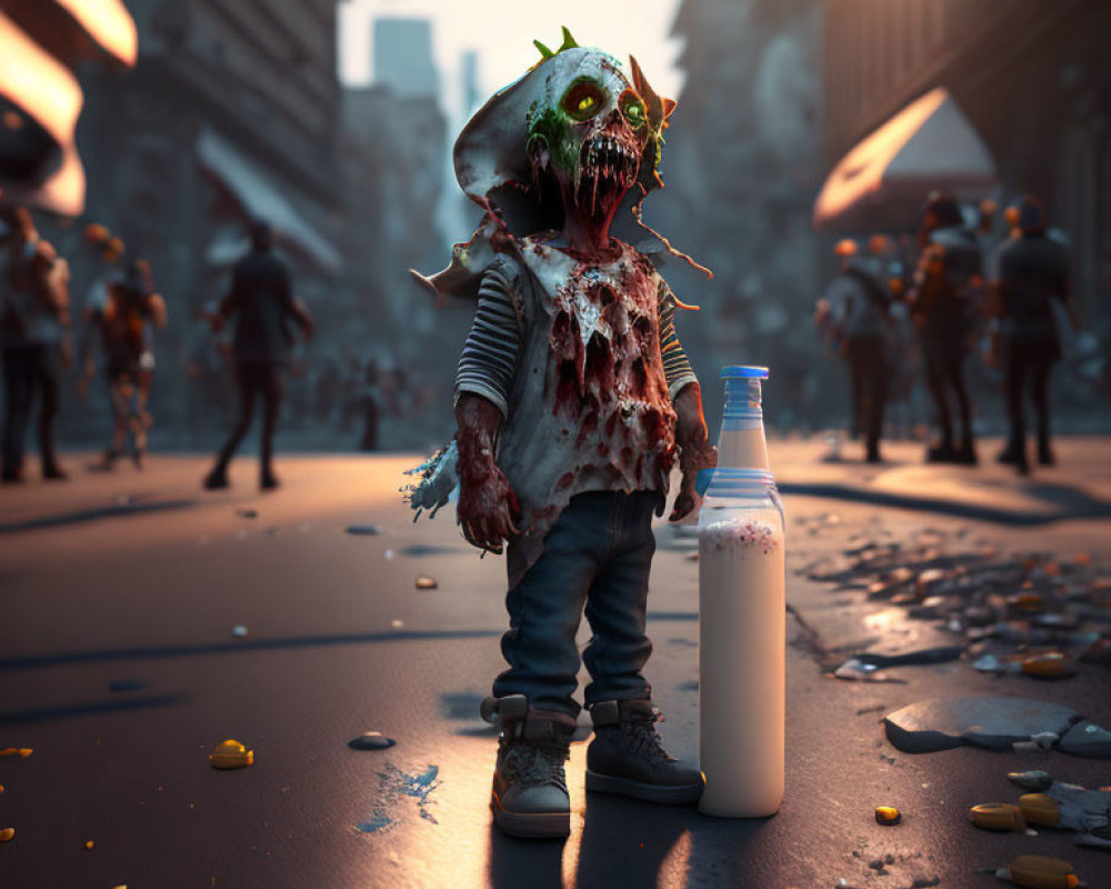 CGI-rendered zombie child with milk bottle in desolate urban street