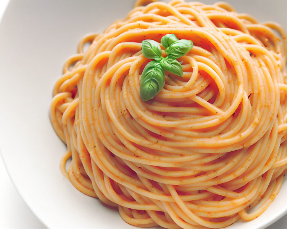 Plate of spaghetti with tomato sauce and basil garnish.