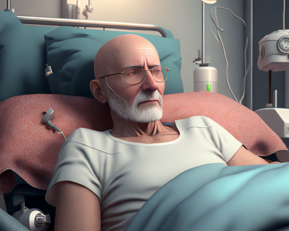 Elderly patient with beard in hospital bed with medical equipment