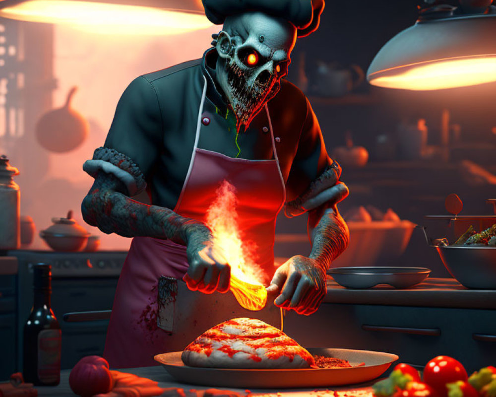 Zombie Chef garnishes pizza with fiery spice in dimly lit kitchen