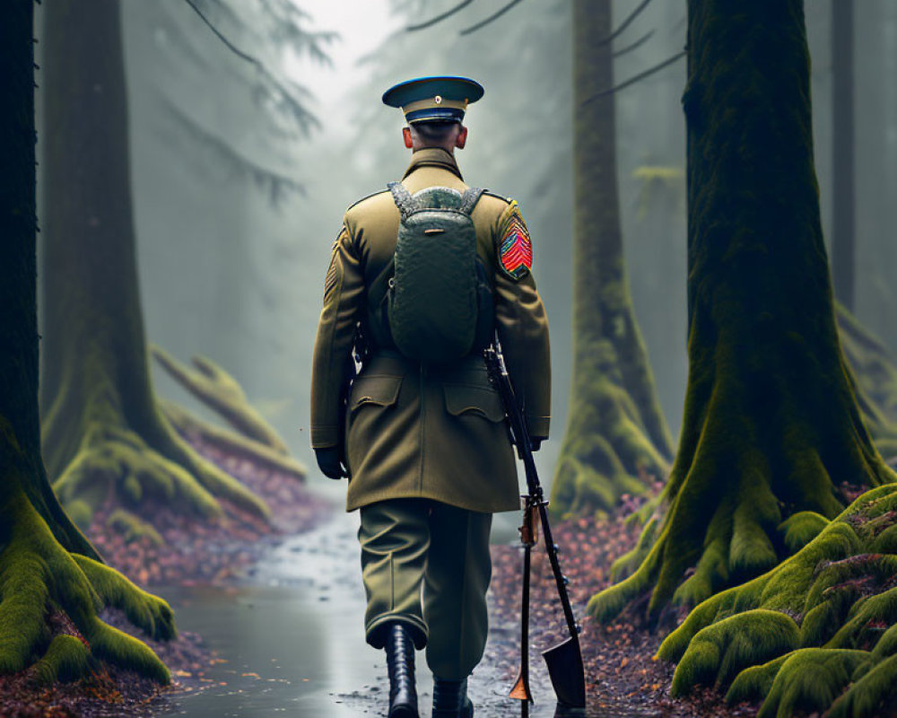 Soldier in green uniform walking in misty forest with rifle among moss-covered trees