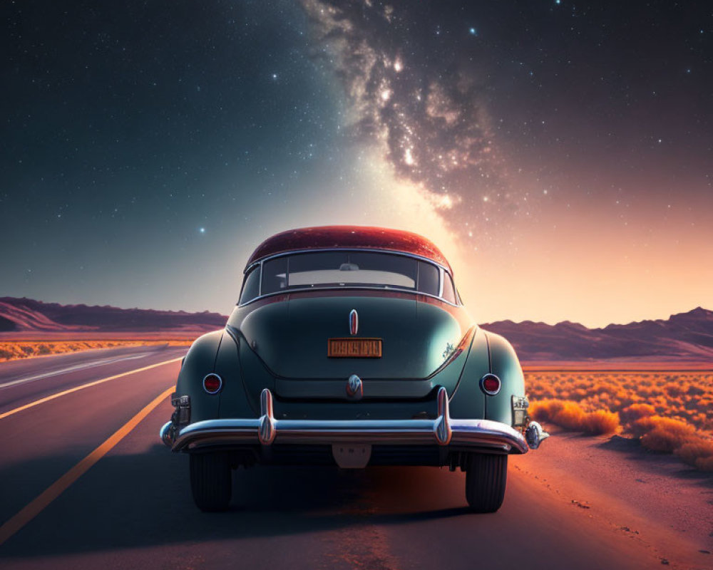 Classic Car on Desert Road at Twilight with Starry Sky