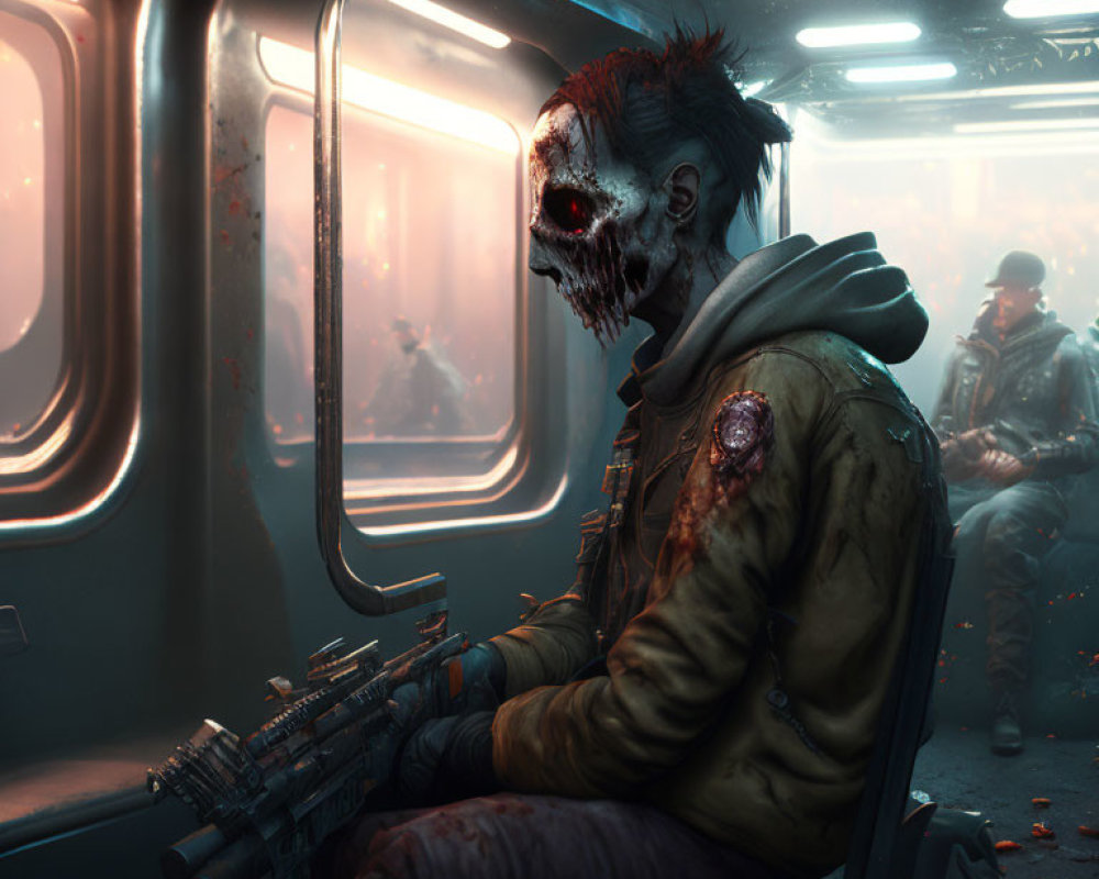 Zombie-like face mask person with gun in subway car scene