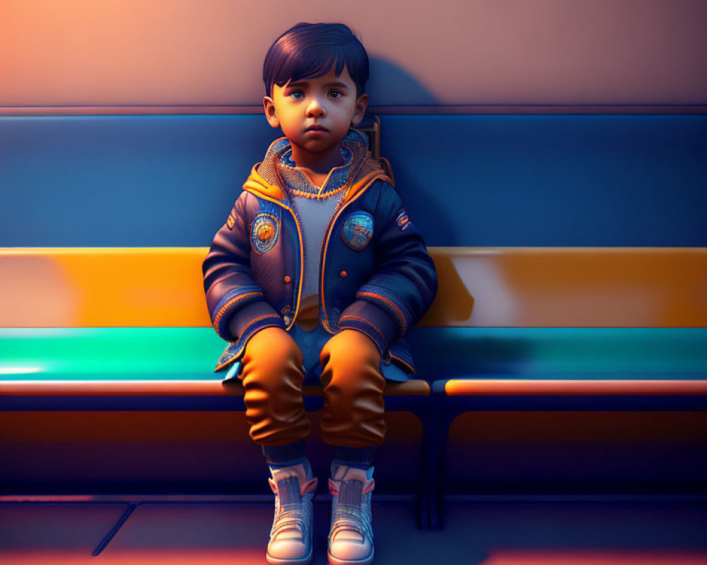 Young child in space-themed attire sits on orange bench