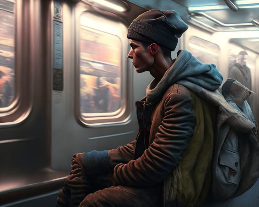 Person in Beanie and Earphones Contemplating on Subway