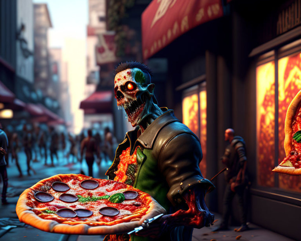 Undead zombie in leather jacket holding pizza on urban street.