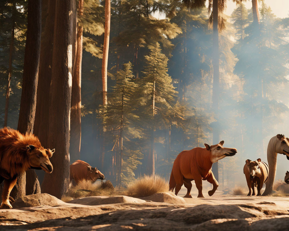 Various animated animals in sunlit forest clearing.