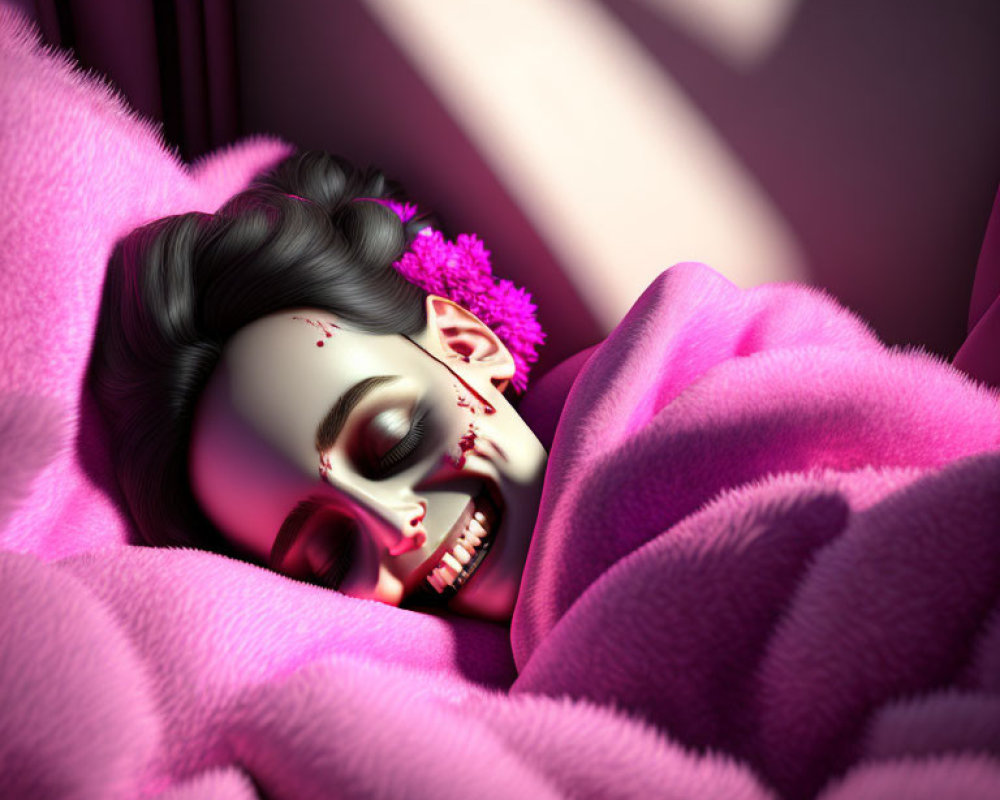 Digital artwork: Female figure with skull face paint, smiling, lying under pink blanket in warm light