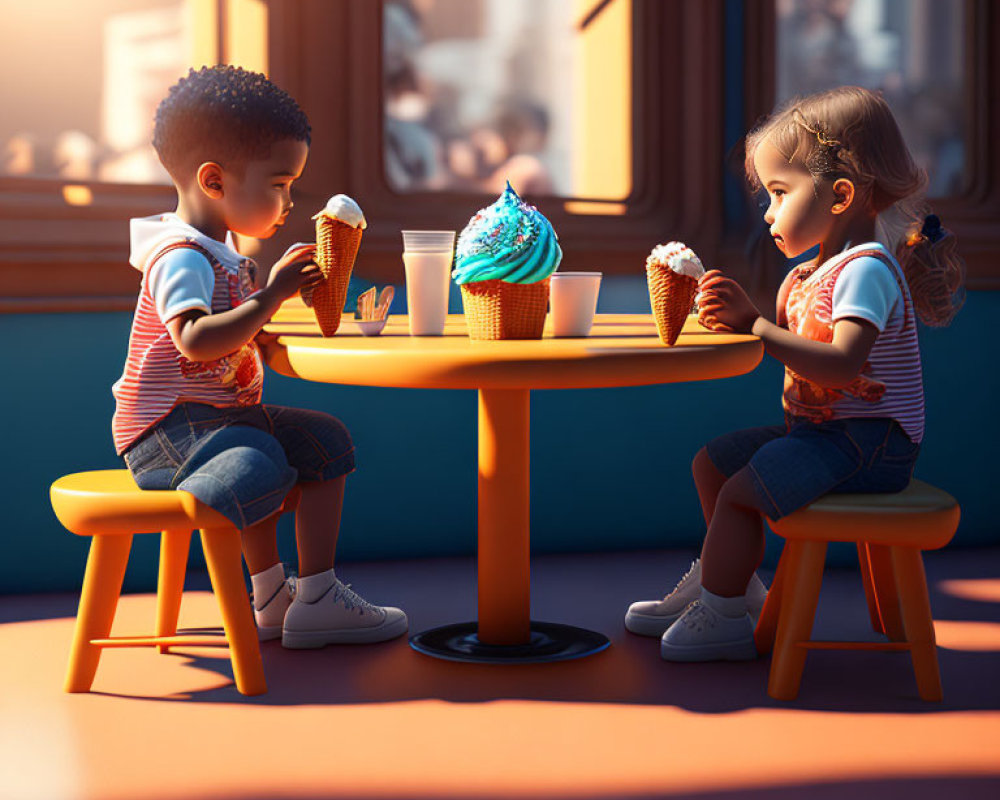 Animated children eating ice cream indoors with city view.